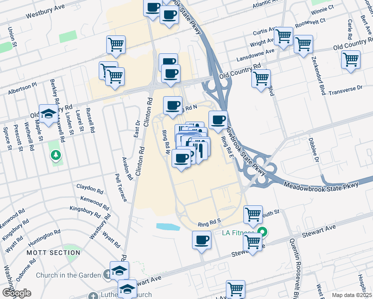 map of restaurants, bars, coffee shops, grocery stores, and more near 630 Old Country Road in Garden City