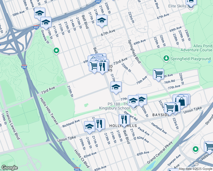 map of restaurants, bars, coffee shops, grocery stores, and more near 75-08 Bell Boulevard in Queens