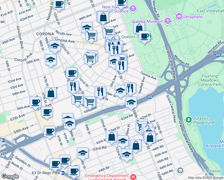 map of restaurants, bars, coffee shops, grocery stores, and more near 58-28 Penrod Street in Queens