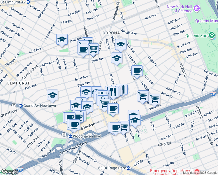 map of restaurants, bars, coffee shops, grocery stores, and more near 55-3 97th Street in Queens