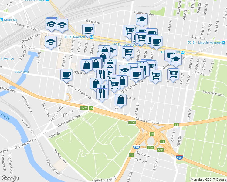 map of restaurants, bars, coffee shops, grocery stores, and more near in Queens