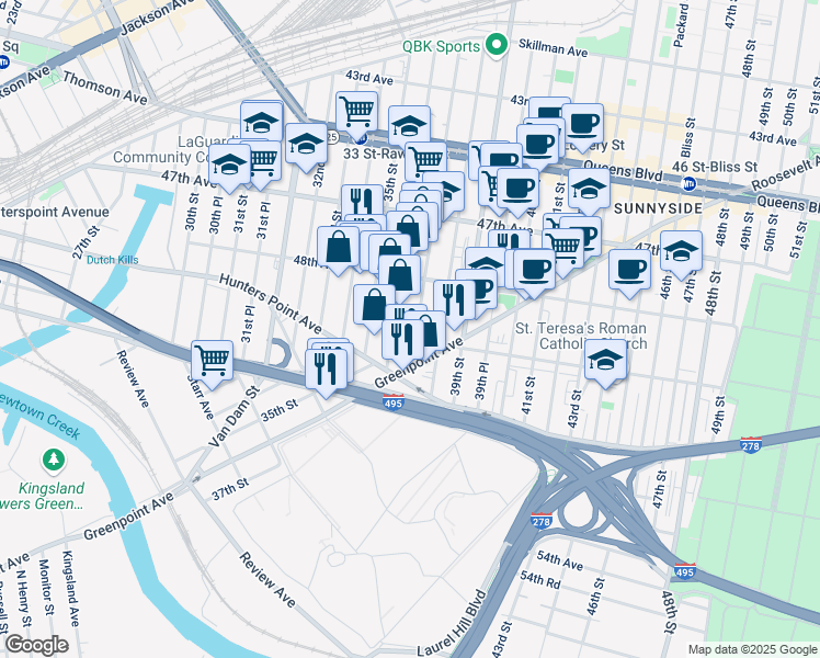map of restaurants, bars, coffee shops, grocery stores, and more near 48-65 37th Street in Queens