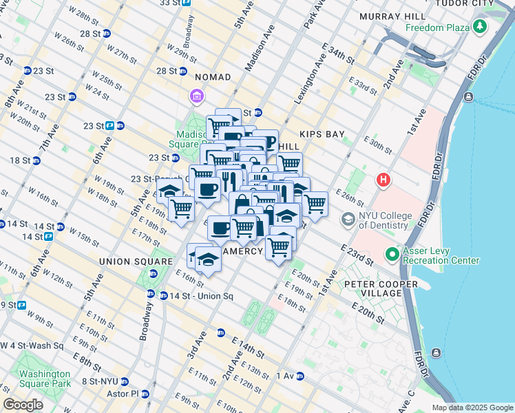 map of restaurants, bars, coffee shops, grocery stores, and more near 17 Lexington Avenue in New York