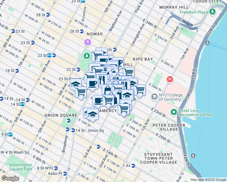 map of restaurants, bars, coffee shops, grocery stores, and more near 143 East 22nd Street in New York