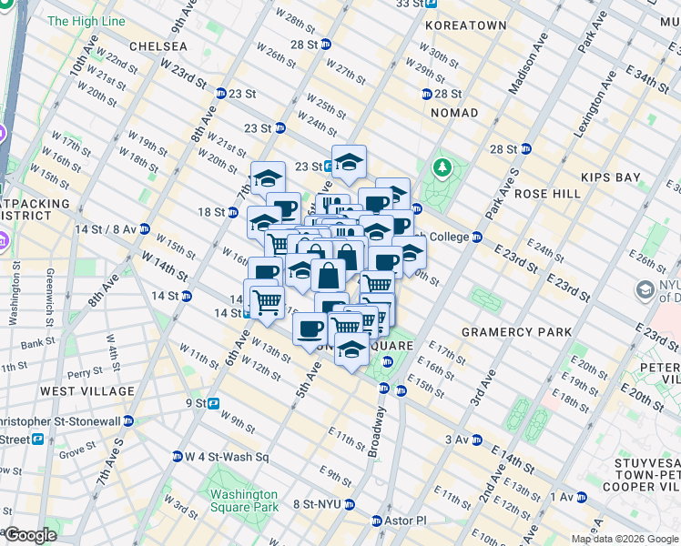 map of restaurants, bars, coffee shops, grocery stores, and more near 27 West 17th Street in New York