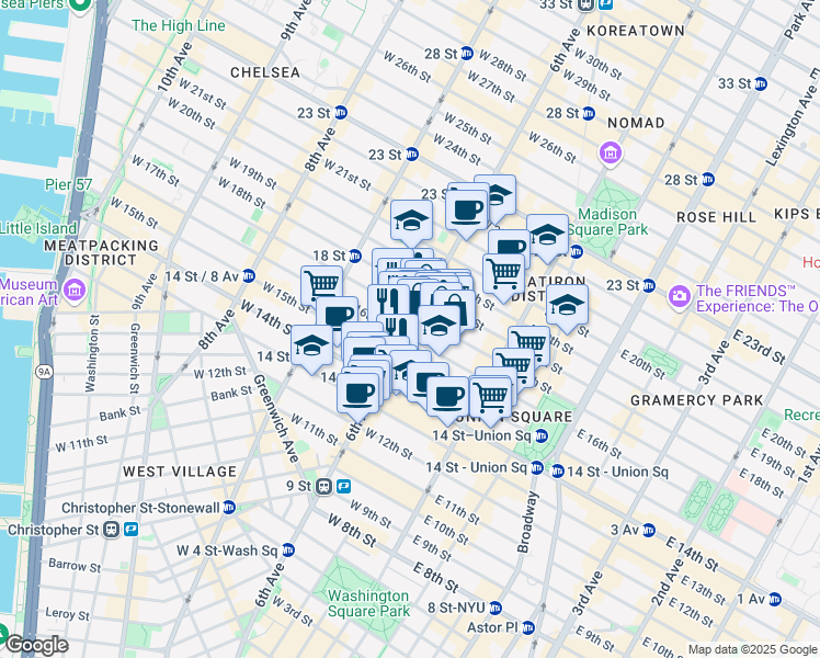 map of restaurants, bars, coffee shops, grocery stores, and more near 43 West 16th Street in New York