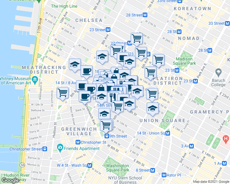 map of restaurants, bars, coffee shops, grocery stores, and more near 134 West 15th Street in New York