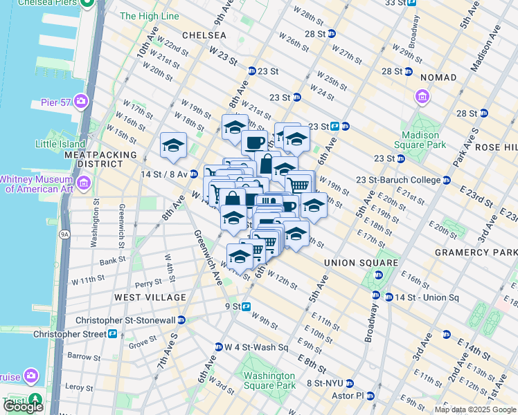 map of restaurants, bars, coffee shops, grocery stores, and more near 134 West 15th Street in New York