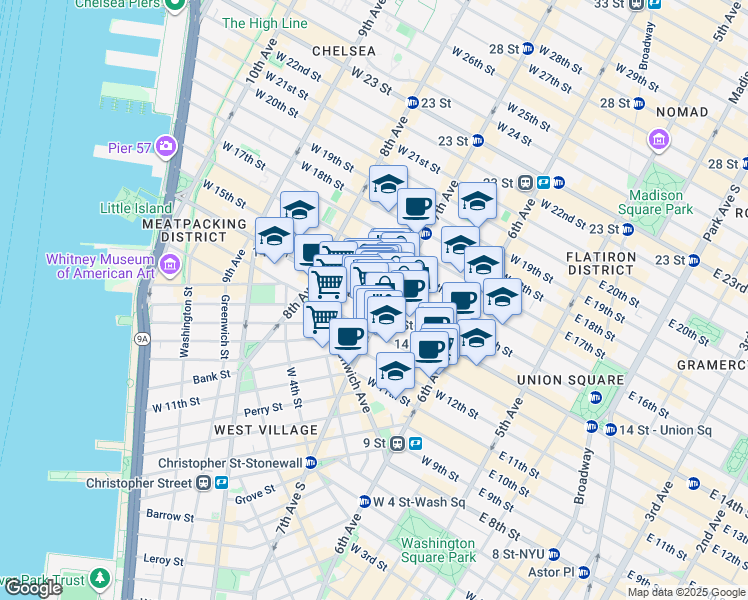 map of restaurants, bars, coffee shops, grocery stores, and more near 72-76 7th Avenue in New York