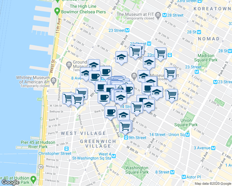 map of restaurants, bars, coffee shops, grocery stores, and more near in New York