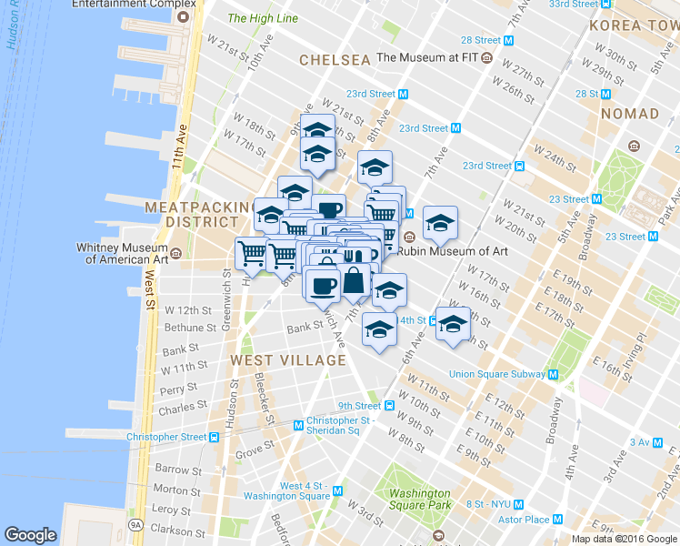 map of restaurants, bars, coffee shops, grocery stores, and more near 219 West 13th Street in New York
