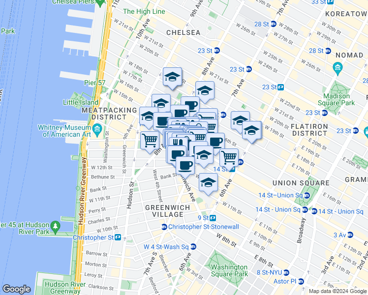 map of restaurants, bars, coffee shops, grocery stores, and more near 219 West 13th Street in New York