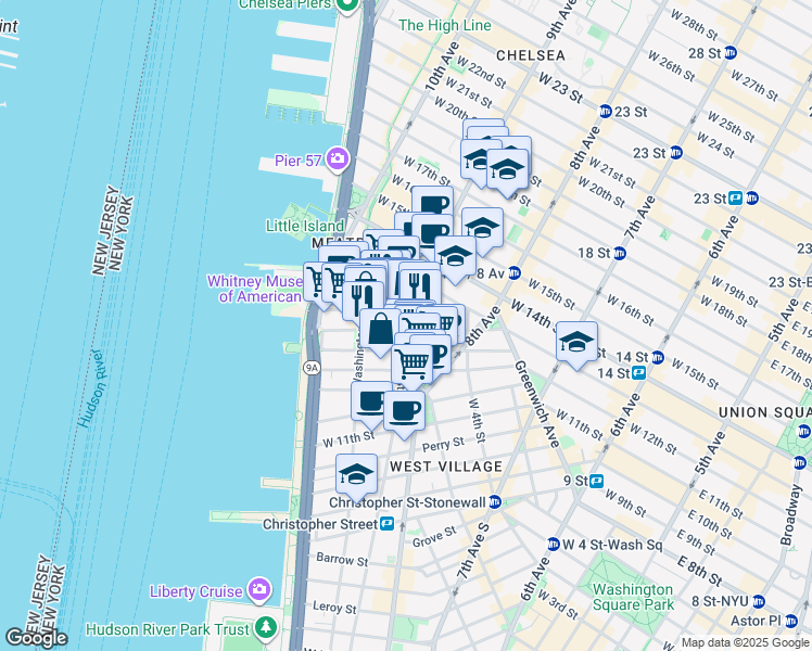 map of restaurants, bars, coffee shops, grocery stores, and more near 842-846 Greenwich Street in New York