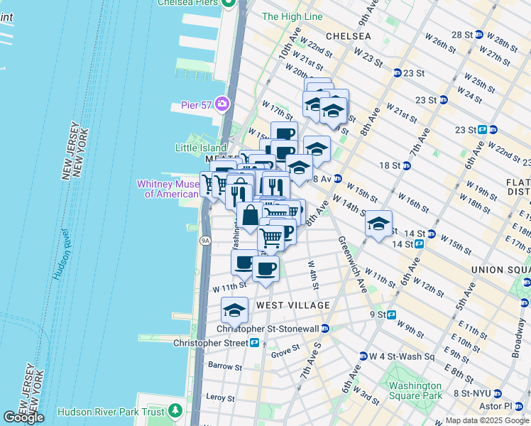 map of restaurants, bars, coffee shops, grocery stores, and more near 842-846 Greenwich Street in New York