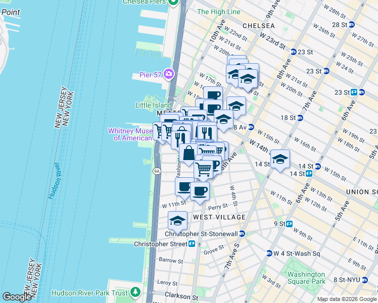 map of restaurants, bars, coffee shops, grocery stores, and more near 842-846 Greenwich Street in New York