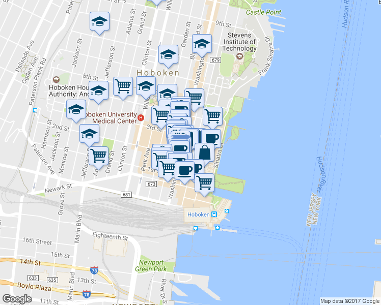 map of restaurants, bars, coffee shops, grocery stores, and more near 205 Hudson Street in Hoboken