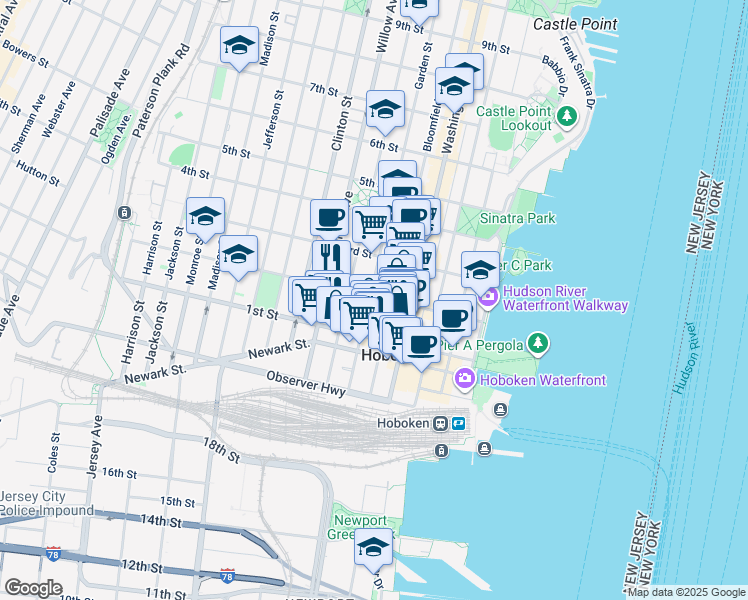 map of restaurants, bars, coffee shops, grocery stores, and more near in Hoboken