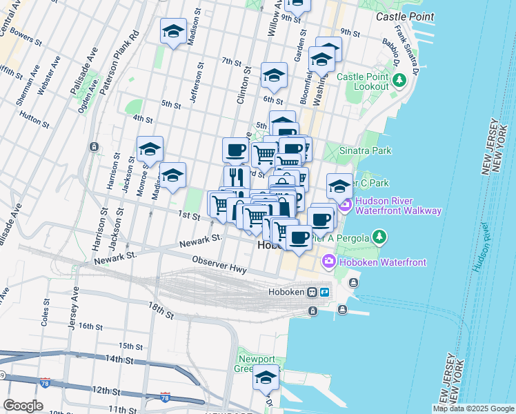 map of restaurants, bars, coffee shops, grocery stores, and more near in Hoboken
