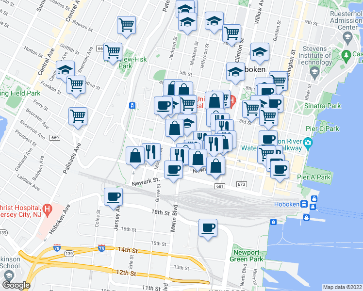 map of restaurants, bars, coffee shops, grocery stores, and more near 92 Jefferson Street in Hoboken