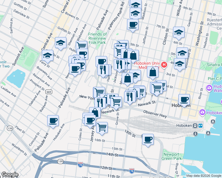 map of restaurants, bars, coffee shops, grocery stores, and more near 80 Jackson Street in Hoboken