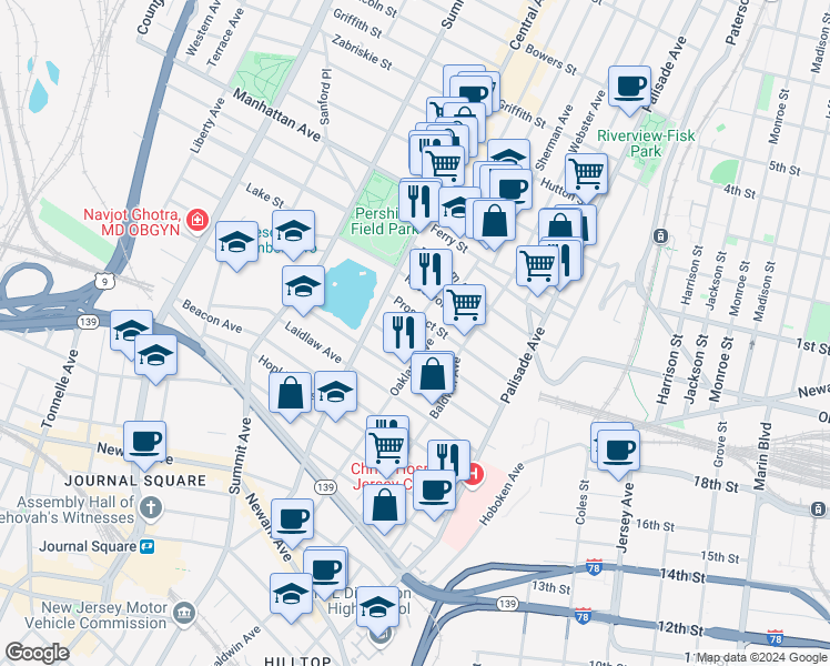 map of restaurants, bars, coffee shops, grocery stores, and more near 173 Oakland Avenue in Jersey City