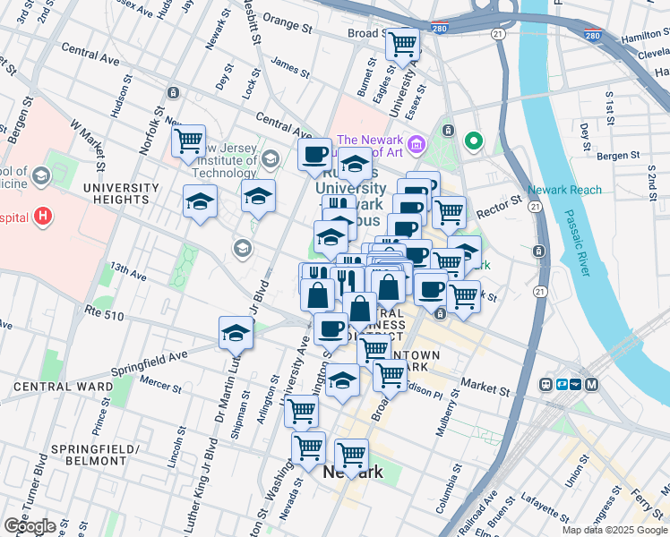 map of restaurants, bars, coffee shops, grocery stores, and more near 217 Washington Street in Newark