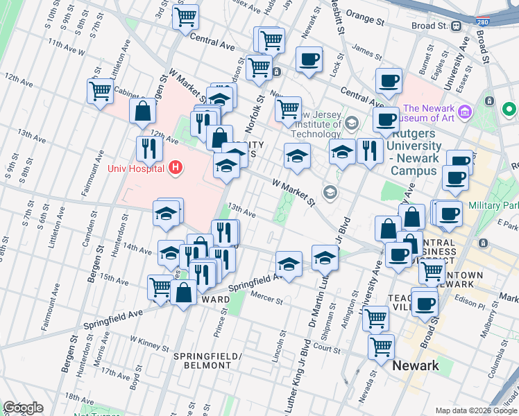 map of restaurants, bars, coffee shops, grocery stores, and more near 107 13th Avenue in Newark