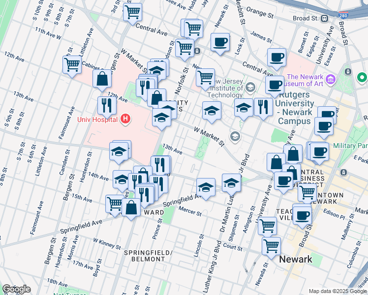 map of restaurants, bars, coffee shops, grocery stores, and more near 107 13th Avenue in Newark
