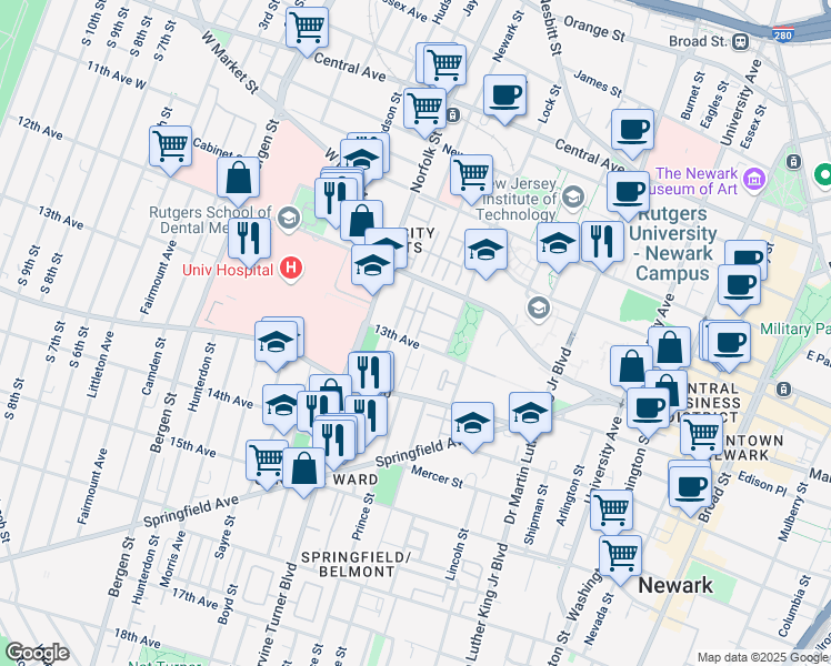 map of restaurants, bars, coffee shops, grocery stores, and more near 107 13th Avenue in Newark