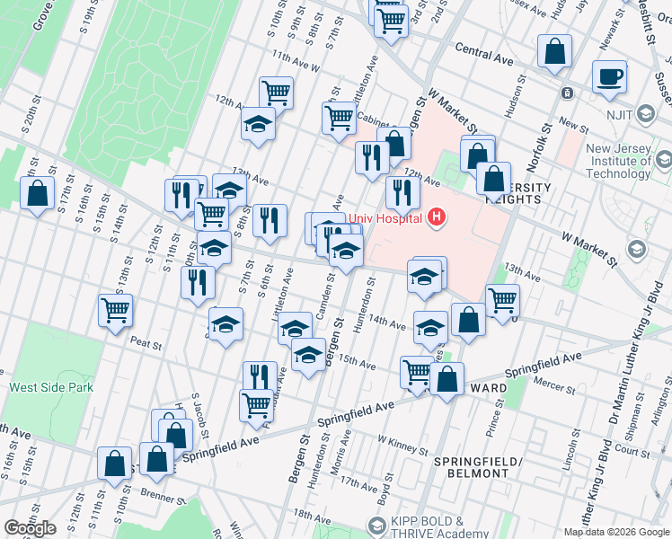map of restaurants, bars, coffee shops, grocery stores, and more near in Newark