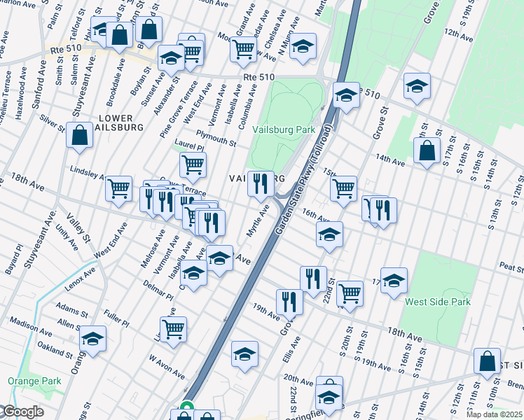 map of restaurants, bars, coffee shops, grocery stores, and more near 388 Myrtle Avenue in Irvington