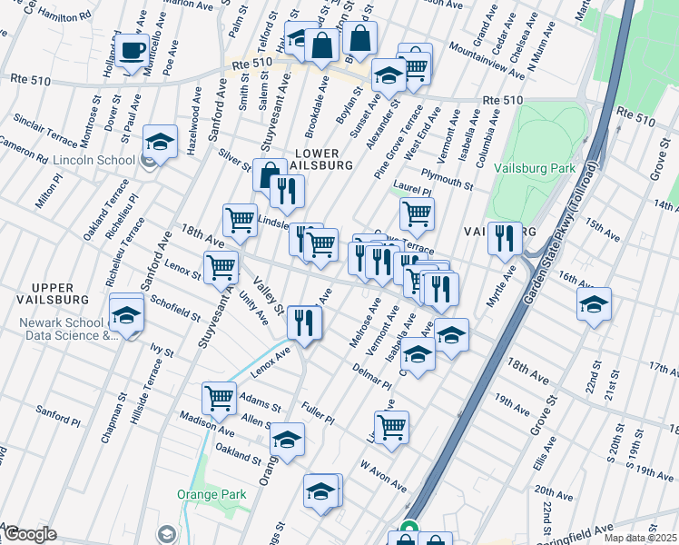 map of restaurants, bars, coffee shops, grocery stores, and more near 927 18th Avenue in Newark