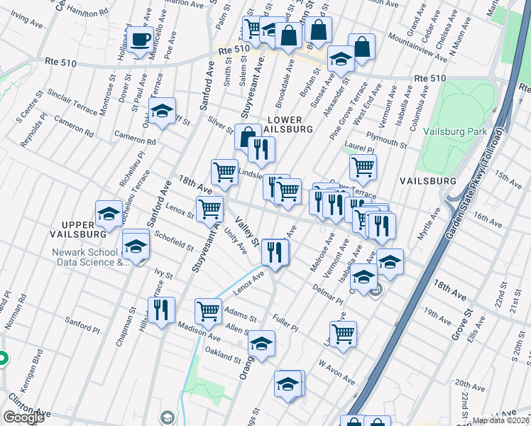 map of restaurants, bars, coffee shops, grocery stores, and more near 223 Sunset Avenue in Newark