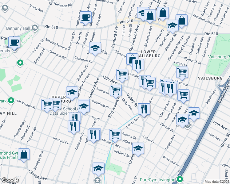 map of restaurants, bars, coffee shops, grocery stores, and more near 9 Lenox Street in Newark