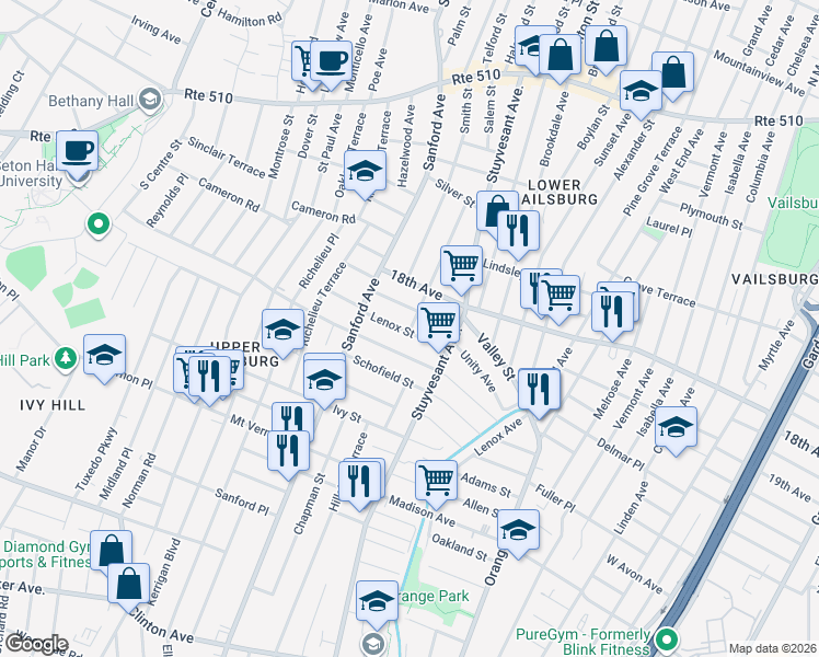 map of restaurants, bars, coffee shops, grocery stores, and more near 105 Underwood Street in Newark