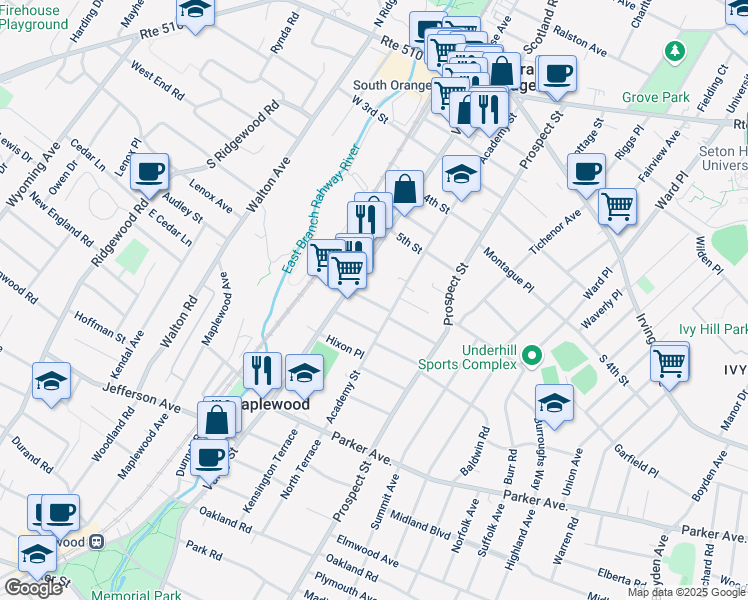 map of restaurants, bars, coffee shops, grocery stores, and more near 82 Roland Avenue in South Orange