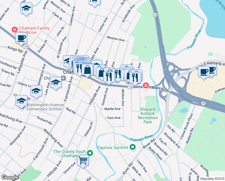 map of restaurants, bars, coffee shops, grocery stores, and more near 11 Colonial Way in Chatham