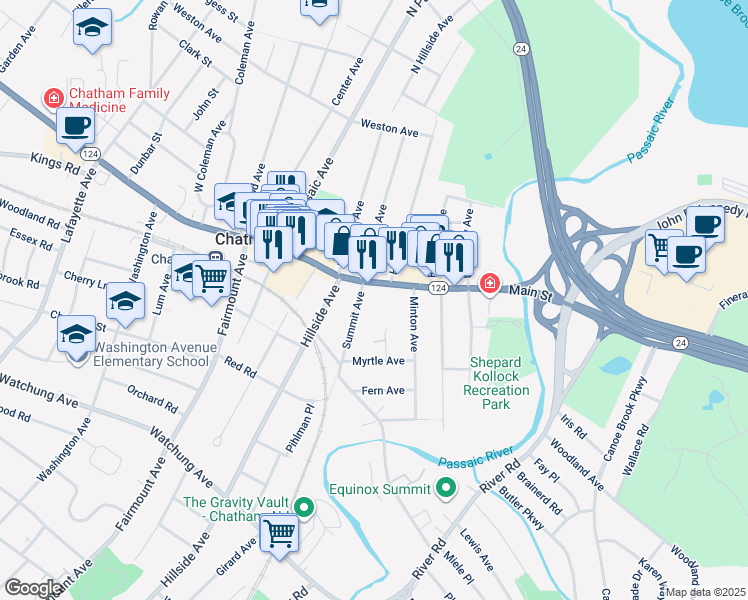 map of restaurants, bars, coffee shops, grocery stores, and more near 11 Colonial Way in Chatham