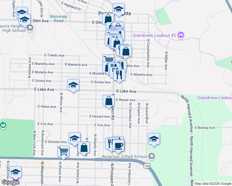 map of restaurants, bars, coffee shops, grocery stores, and more near 4228 North Prospect Road in Peoria