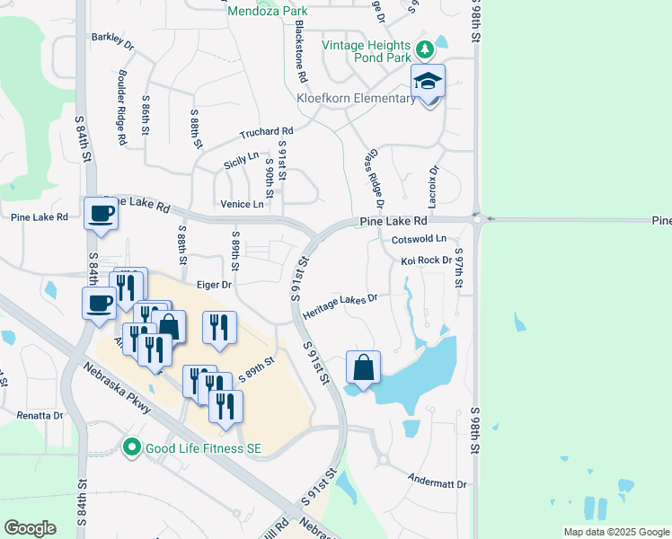 map of restaurants, bars, coffee shops, grocery stores, and more near 7150 South 91st Street in Lincoln