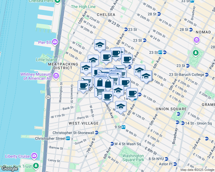 map of restaurants, bars, coffee shops, grocery stores, and more near 219 West 13th Street in New York