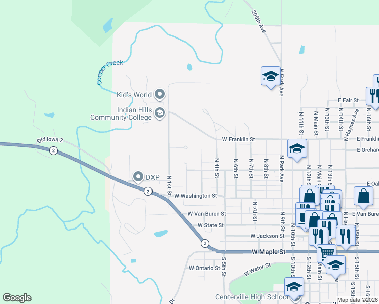 map of restaurants, bars, coffee shops, grocery stores, and more near 614-632 North 3rd Street in Centerville