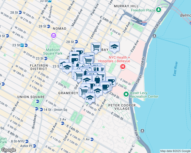 map of restaurants, bars, coffee shops, grocery stores, and more near 241 East 24th Street in New York