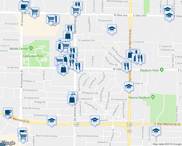 map of restaurants, bars, coffee shops, grocery stores, and more near 6345 North Devon Lane in Peoria