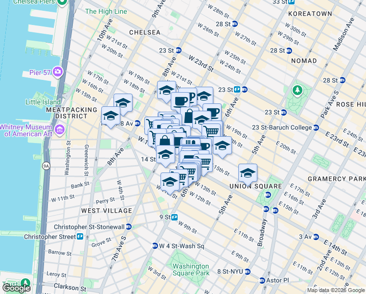 map of restaurants, bars, coffee shops, grocery stores, and more near 161 West 15th Street in New York
