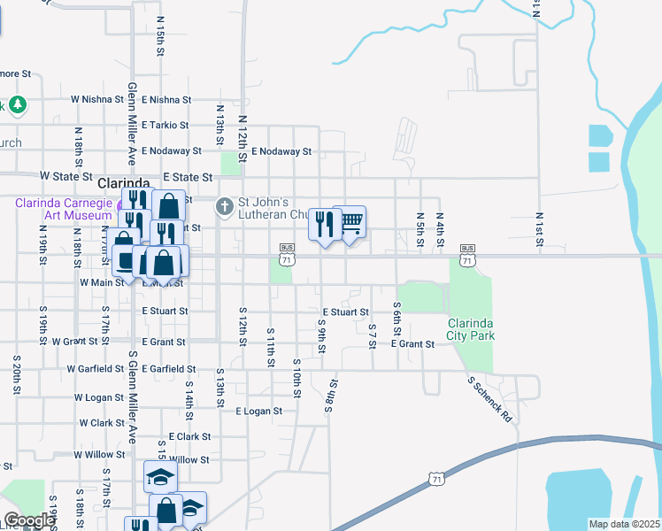 map of restaurants, bars, coffee shops, grocery stores, and more near 800-898 East Main Street in Clarinda