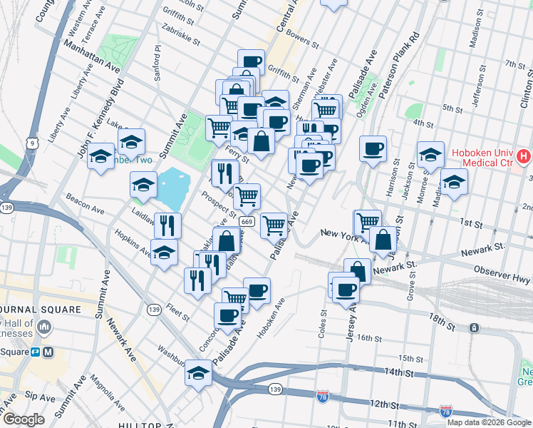 map of restaurants, bars, coffee shops, grocery stores, and more near 15 Reservoir Avenue in Jersey City