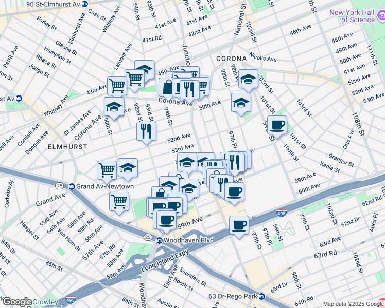map of restaurants, bars, coffee shops, grocery stores, and more near 94-24 54th Avenue in Queens
