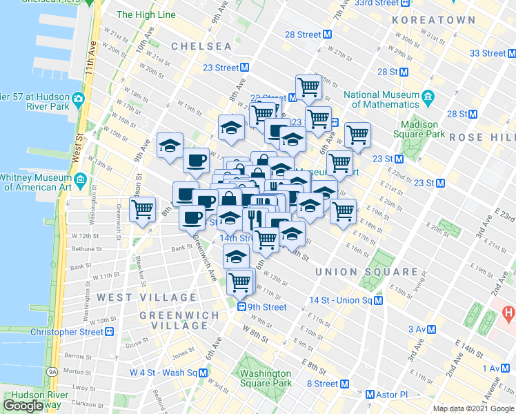 map of restaurants, bars, coffee shops, grocery stores, and more near 134 West 15th Street in New York