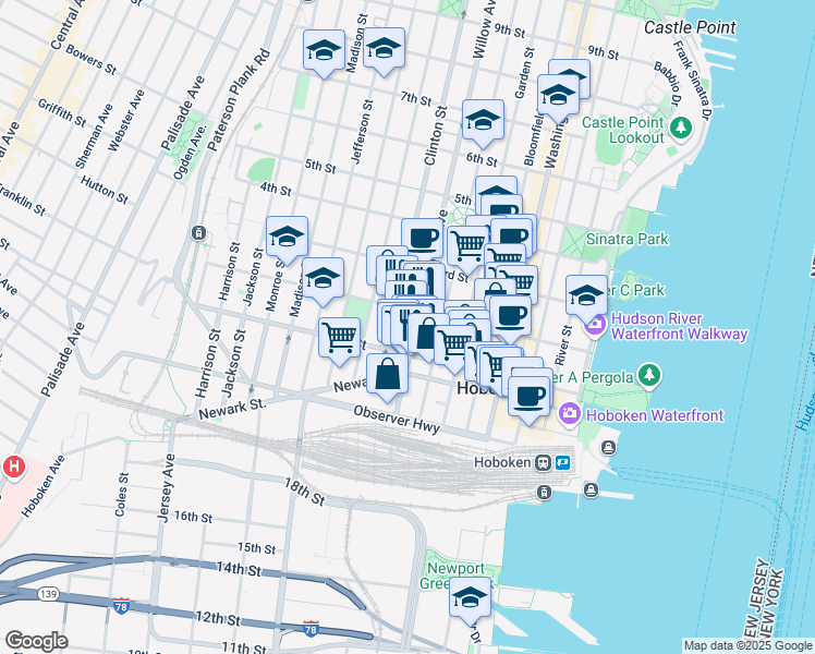 map of restaurants, bars, coffee shops, grocery stores, and more near 109 Willow Avenue in Hoboken